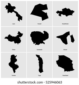Set of 9 Country maps with name alphabetically sorted with the names of the countries