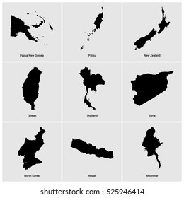 Set of 9 Country maps with name alphabetically sorted with the names of the countries