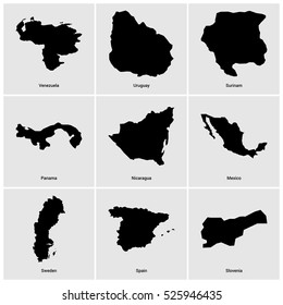 Set of 9 Country maps with name alphabetically sorted with the names of the countries
