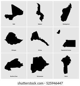 Set of 9 Country maps with name alphabetically sorted with the names of the countries