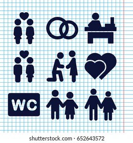 Set of 9 couple filled icons such as wc, table, women couple, couple, engagement rings, marriage proposal
