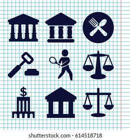 Set of 9 court filled icons such as court, spoon and fork, bank, tennis playing, scales