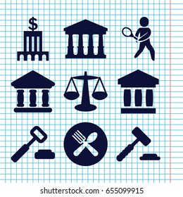 Set of 9 court filled icons such as court, spoon and fork, bank, tennis playing, scales
