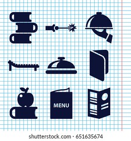 Set of 9 cover filled icons such as dish, menu, dish serving, sunbed, electric circuit, book