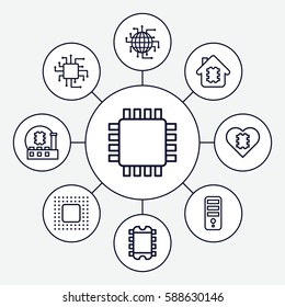 Set of 9 cpu outline icons such as CPU, chip, CPU in house, CPU in heart
