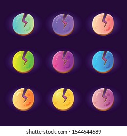 Set of 9 Cracked game gems elements for arcade games. GUI. Gradient elements cracked and glowing inside.