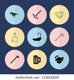 Set of 9 craft filled and outline icons such as saw blade, garden hammer, hammer, shower, dinosaur, beer mug