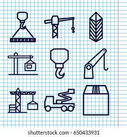 Set of 9 crane outline icons such as construction crane, hook, hook with cargo