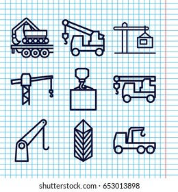 Set of 9 crane outline icons such as construction crane, truck with hook, hook with cargo