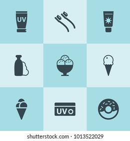 Set of 9 cream filled icons such as shampoo, toothbrush, donut, uv cream