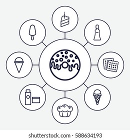 Set of 9 cream outline icons such as cookies, cream tube, donut, piece of cake