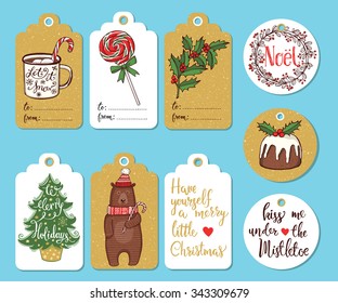 Set of 9 creative Christmas hand drawn gift tags. Hot chocolate, peppermint lollipop, Christmas tree, Holly branch, traditional pudding, bear in hat and scarf, wreath, handwritten lettering