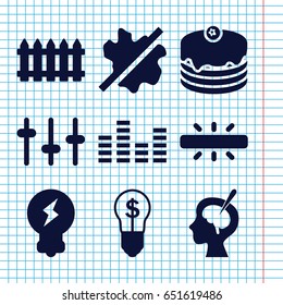 Set of 9 creative filled icons such as fence, no wash, cake, equalizer, brain surgery, camera, bulb