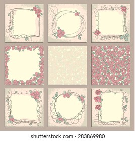 Set of 9 creative floral universal background with frames. Hand Drawn vector cards with doodle roses. Wedding, anniversary, birthday, Valentin's day, party invitations. 