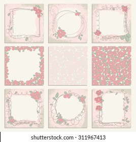 Set of 9 creative floral universal background with frames. Hand Drawn vector cards with doodle roses. Wedding, anniversary, birthday, Valentines day, party invitations. 