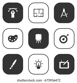Set Of 9 Creative Icons Set.Collection Of Arrow, Brush, Compass And Other Elements.
