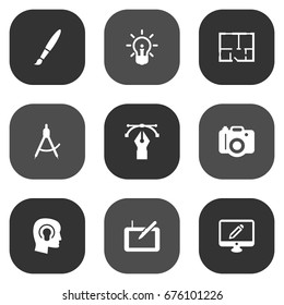 Set Of 9 Creative Icons Set.Collection Of Scheme, Concept, Brush And Other Elements.