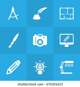 Set Of 9 Creative Icons Set.Collection Of Scheme, Bulb, Compass And Other Elements.