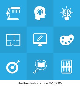 Set Of 9 Creative Icons Set.Collection Of Case, Illuminator, Scheme And Other Elements.