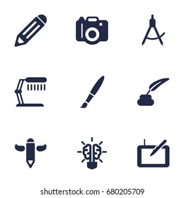 Set Of 9 Creative Icons Set.Collection Of Photo, Wings, Illuminator And Other Elements.