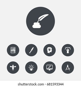 Set Of 9 Creative Icons Set.Collection Of Wings, Brush, Pencil And Other Elements.