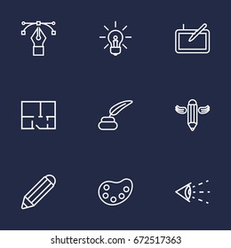 Set Of 9 Creative Outline Icons Set.Collection Of Writing, Palette, Idea And Other Elements.