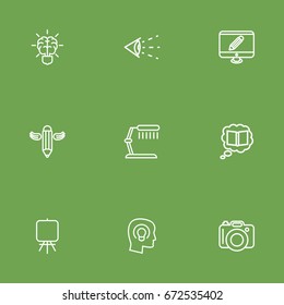Set Of 9 Creative Outline Icons Set.Collection Of Monitor, Vision, Dslr Camera And Other Elements.