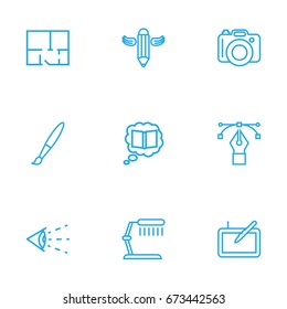 Set Of 9 Creative Outline Icons Set.Collection Of Paintbrush, Bezier Curve, Knowledge And Other Elements.