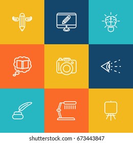 Set Of 9 Creative Outline Icons Set.Collection Of Monitor, Brain, Writing And Other Elements.