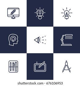Set Of 9 Creative Outline Icons Set.Collection Of Table Lamp, Vision, Graphic Tablet And Other Elements.