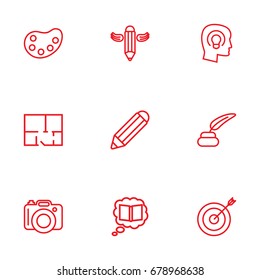 Set Of 9 Creative Outline Icons Set.Collection Of Writing, Palette, Inkwell With Pen And Other Elements.