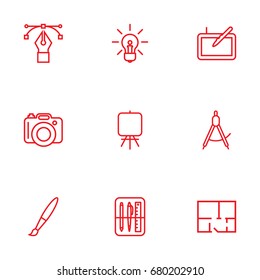 Set Of 9 Creative Outline Icons Set.Collection Of Dividers, Easel, Dslr Camera And Other Elements.