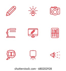 Set Of 9 Creative Outline Icons Set.Collection Of Pencil, Table Lamp, Vision And Other Elements.