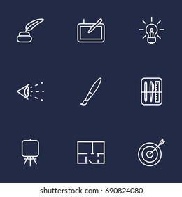 Set Of 9 Creative Outline Icons Set.Collection Of Drawing Tools, Inkwell With Pen, Paintbrush And Other Elements.