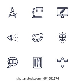Set Of 9 Creative Outline Icons Set.Collection Of Vision, Writing, Table Lamp And Other Elements.