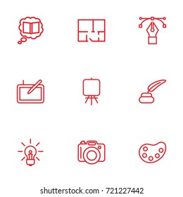 Set Of 9 Creative Outline Icons Set.Collection Of Palette, Inkwell With Pen, Dslr Camera And Other Elements.