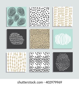 Set of 9 creative pastel color cards with hand drawn textures pen and ink arts. Stickers for invitations. Vector isolated design of flayers, banners, posters.