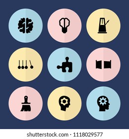 Set of 9 creativity filled icons such as brush, gate, gear in head, pendulum, brain bulb, brain, puzzle