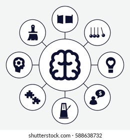 Set of 9 creativity filled icons such as brain, brush, bulb heart, gate, gear in head, pendulum, man thinking about money, puzzle