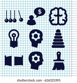 Set of 9 creativity filled icons such as pyramid, brain, bulb, brush, gate, gear in head, man thinking about money