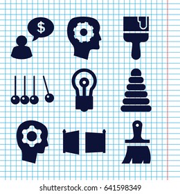 Set of 9 creativity filled icons such as pyramid, gear in head, bulb, brush, paint brush, gate, man thinking about money