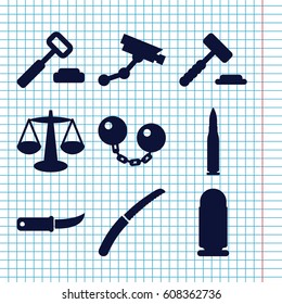 Set of 9 crime filled icons such as Security camera, gardening knife, bullet, ball chain, scales