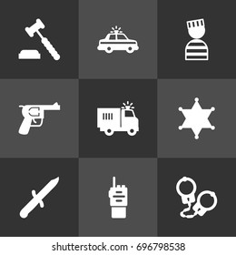 Set Of 9 Crime Icons Set.Collection Of Bayonet, Judge Gavel, Prisoner And Other Elements.