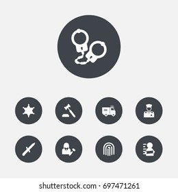 Set Of 9 Crime Icons Set.Collection Of Thumbprint, Suspicious, Manacles And Other Elements.
