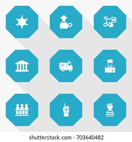 Set Of 9 Crime Icons Set.Collection Of Building, Victim, Officer Emblem And Other Elements.