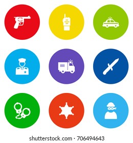 Set Of 9 Crime Icons Set.Collection Of Truck, Officer Emblem, Revolver And Other Elements.