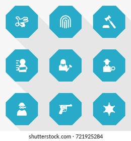 Set Of 9 Crime Icons Set.Collection Of Judge Gavel, Thief, Revolver And Other Elements.
