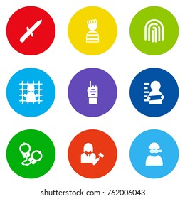 Set Of 9 Crime Icons Set.Collection Of Prisoner, Lawyer, Walkie-Talkie And Other Elements.