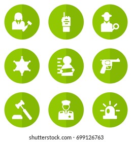 Set Of 9 Criminal Icons Set.Collection Of Suspicious, Revolver, Judge Gavel And Other Elements.