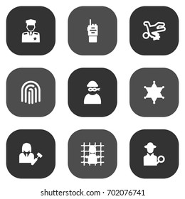 Set Of 9 Criminal Icons Set.Collection Of Policeman, Lawyer, Thumbprint And Other Elements.